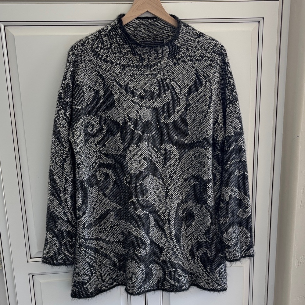 Peruvian Connection Alpaca Pima Cotton Black Cream‎ Floral Sweater Women’s Large